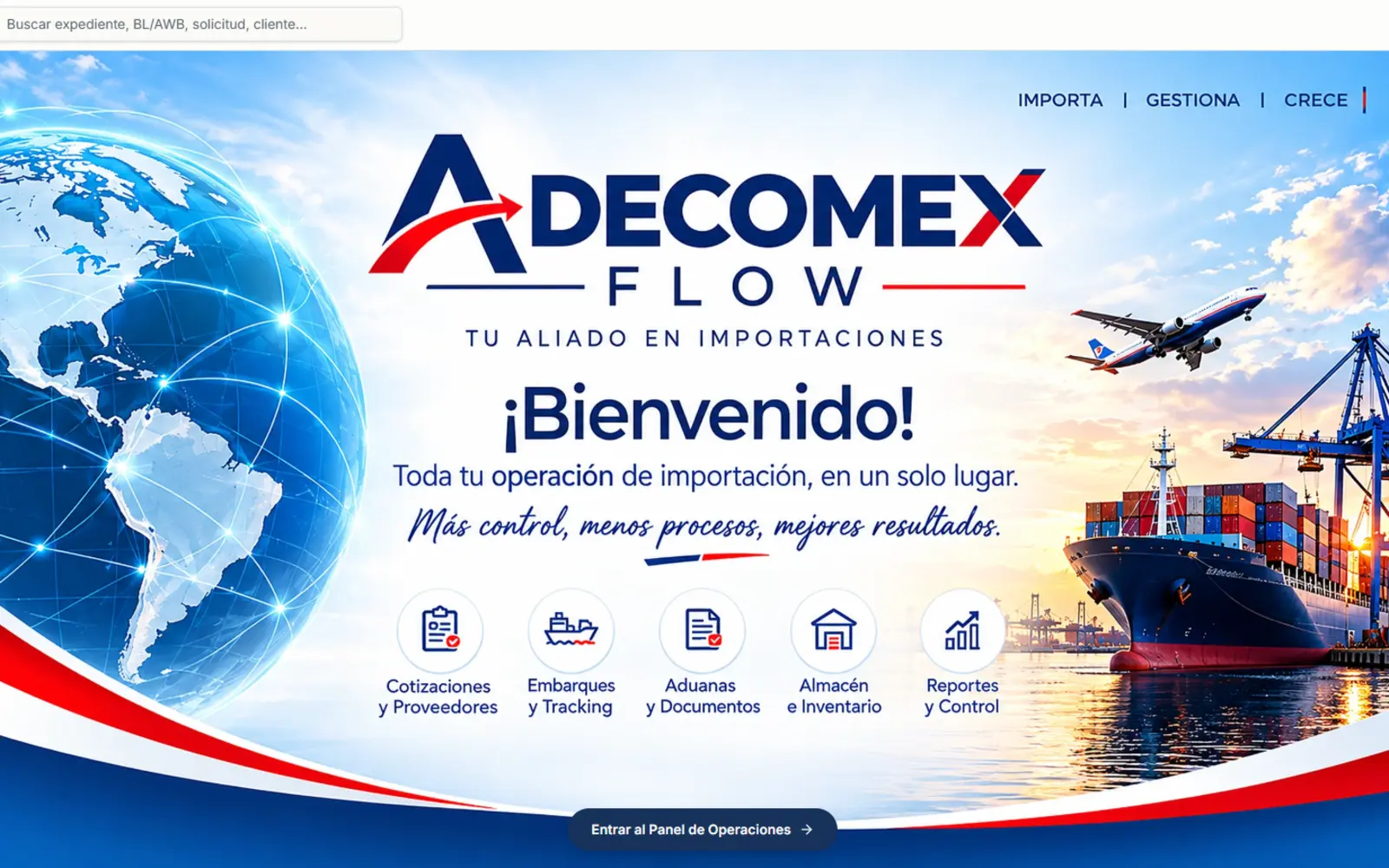 Pantalla de inicio de la plataforma ADECOMEX FLOW